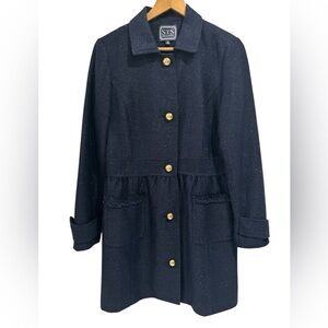 Sail To Sable Navy Metallic Gold Tweed Pea Coat with Colorful Silk Lining - S